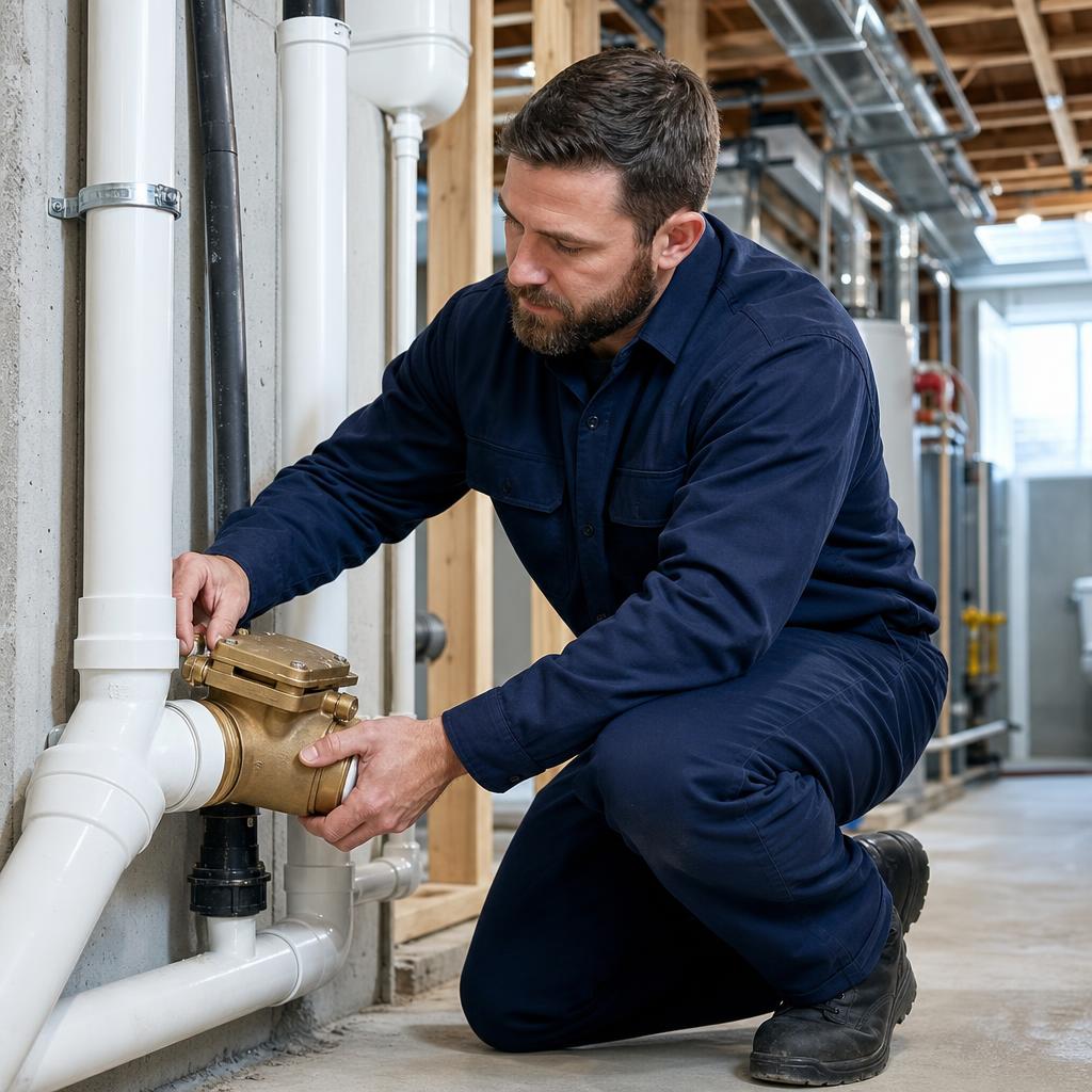 Plumber installing a code-compliant backwater valve