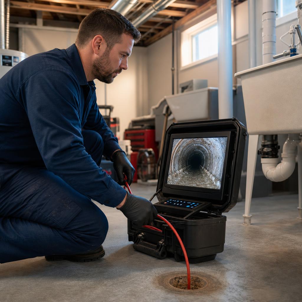 Technician performing a high-resolution drain camera inspection
