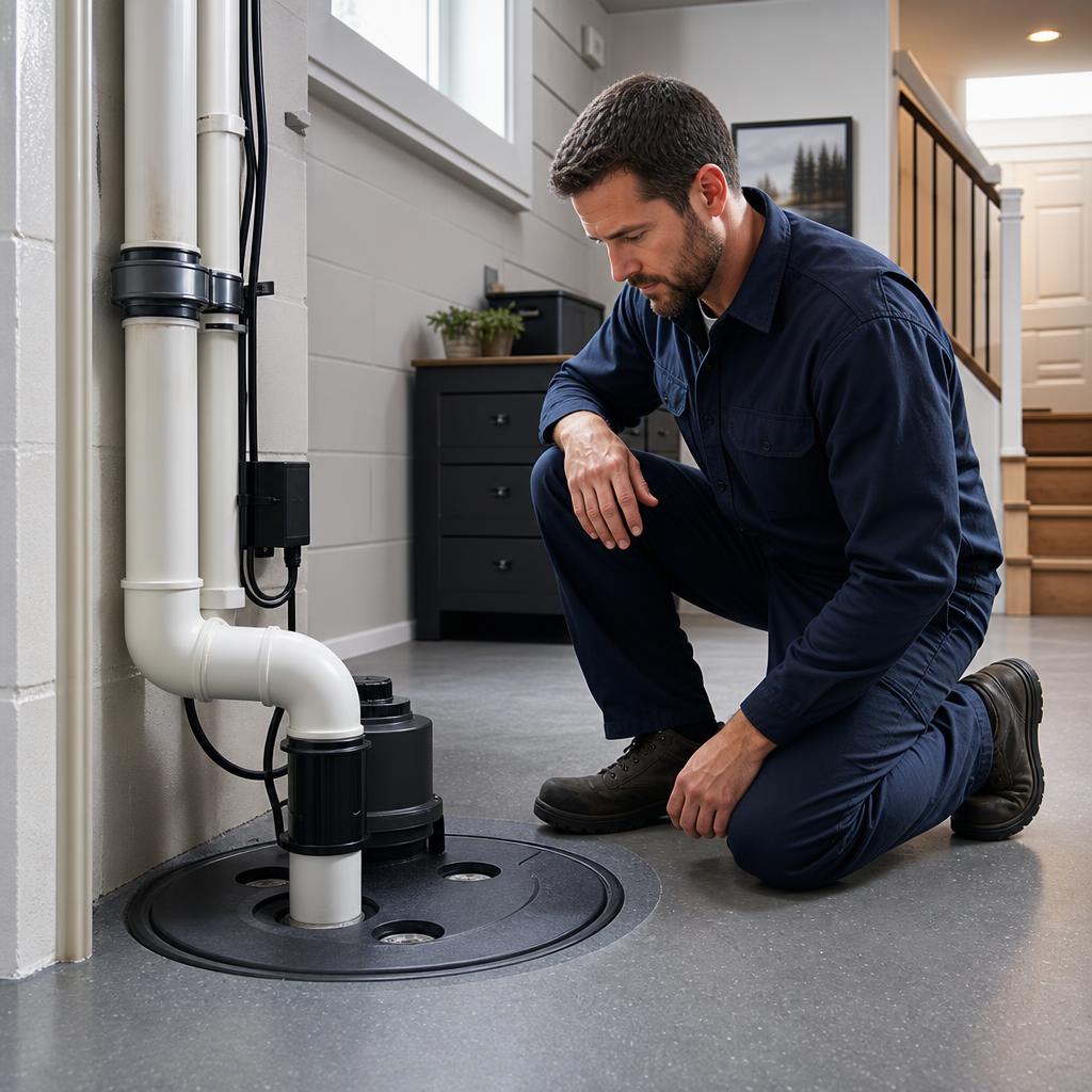Plumber inspecting a premium sump pump installation